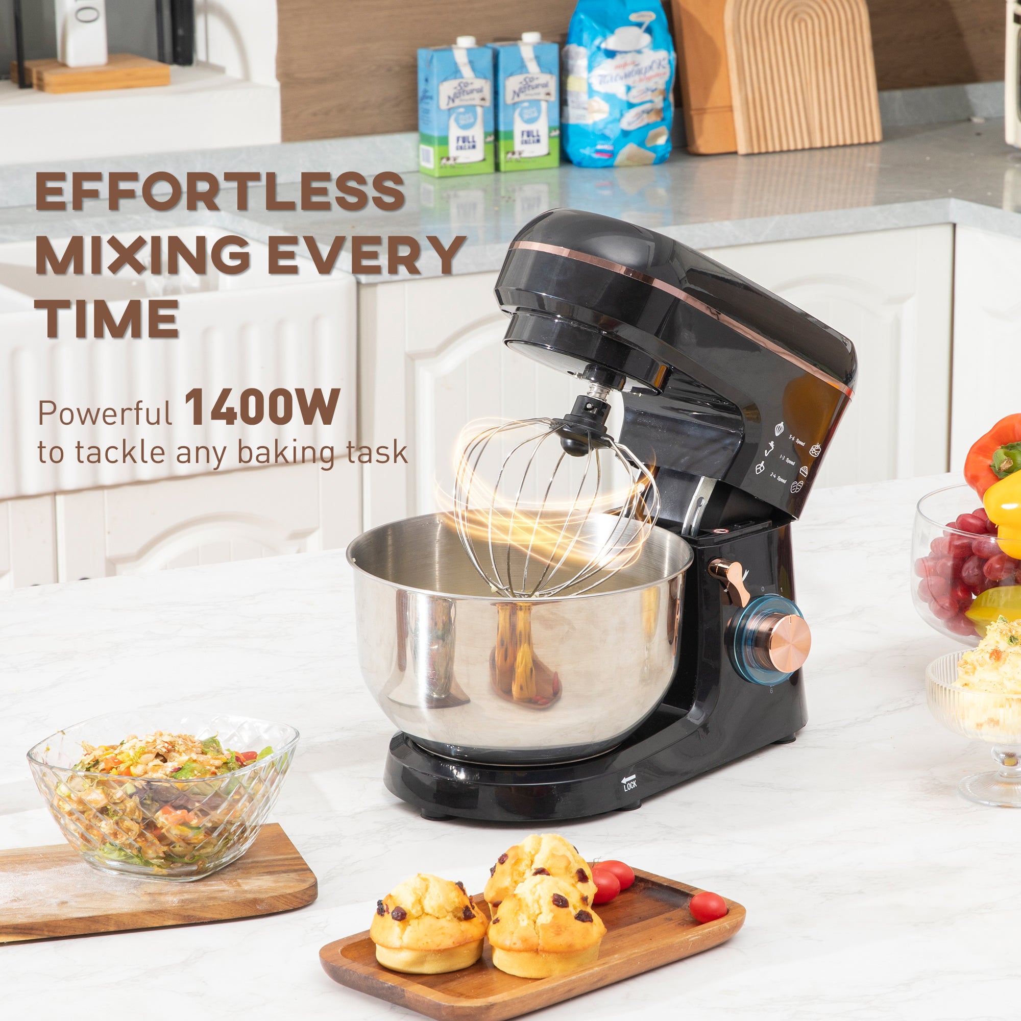HOMCOM 4.5L 1300W Electric Stand Mixer – Black, With Dough Hook & Whisk, 6 Speeds